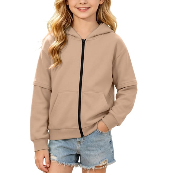 qafoshin Girls Hooded Sweatshirts Classic Zipper Long Sleeve Hoodies Casual Loose Solid Color Fall Jackets