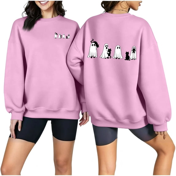 qafoshin Halloween Sweatshirts for Women Oversized Crew Neck Pullover Printed Shirts Long Sleeve Casual Cute Tops