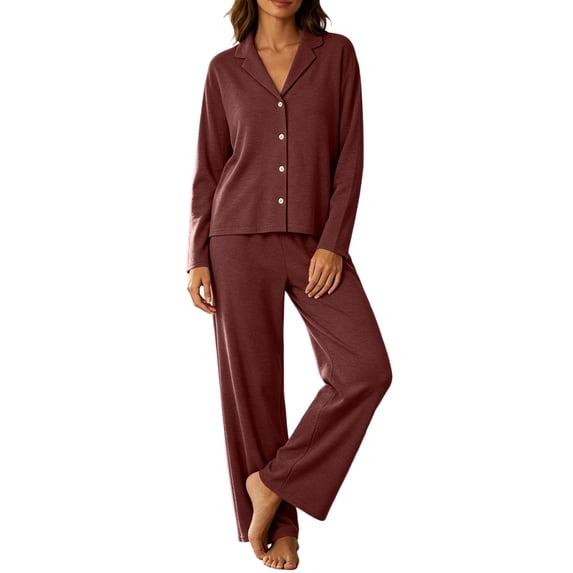 qafoshin Long Sleeve Pajama Sets for Women Lapel Button Down Tops and Long Pant Two Piece Matching Set Soft Sleepwear