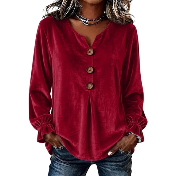 qafoshin Long Sleeve Shirts for Women Casual V Neck Button Down Blouses Fashion Pullover Fall Tops