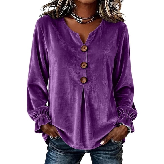 qafoshin Long Sleeve Shirts for Women Casual V Neck Button Down Blouses Fashion Pullover Fall Tops