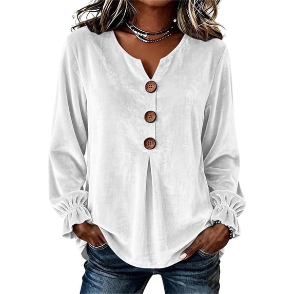 qafoshin Long Sleeve Shirts for Women Casual V Neck Button Down Blouses Fashion Pullover Fall Tops