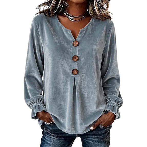 qafoshin Long Sleeve Shirts for Women Casual V Neck Button Down Blouses Fashion Pullover Fall Tops