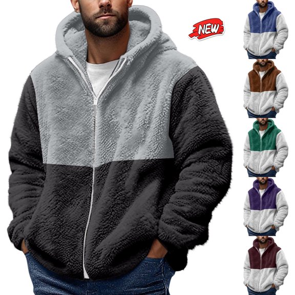 qafoshin Men Colorblock Hooded Fleece Jackets Plus Size Fall Winter Warm Ribbed Cuffs Long Sleeve Zip Up Coats Classic Casual Lounge Tops