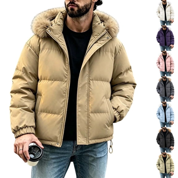 qafoshin Men Detachable Hooded Puffer Jacket, Casual Warm Full‑Zip Quilted Parka Winter Fashion Thicken Coat with Side Pockets