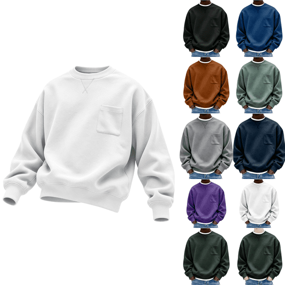 qafoshin Men Solid Crewneck Basic Sweatshirt, Trendy Fall Long Sleeve X-Stitch Neck Casual Pullover Tops with Chest Patch Pocket