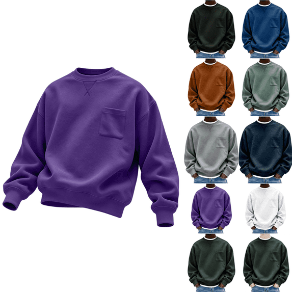 qafoshin Men Solid Crewneck Basic Sweatshirt, Trendy Fall Long Sleeve X-Stitch Neck Casual Pullover Tops with Chest Patch Pocket
