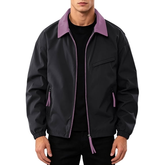 qafoshin Men's Contrast Lapel Jacket Casual Long Sleeve Full Zip Outer Coat Fall Winter Loose Trendy Outfits