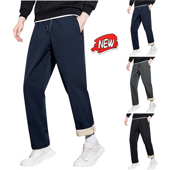 qafoshin Men's Fleece Lined Cuffed Pants, Warm Winter Drawstring Straight Leg Casual Sweatpants Thick Running Athletic Pants