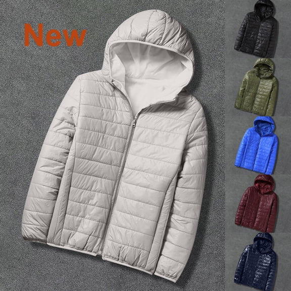 qafoshin Men's Lightweight Hooded Puffer Jacket Warm Soft Full Zip Up Solid Color Winter Coats Trendy Casual Padded Outerwear