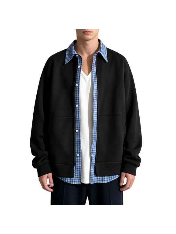 Men's Patchwork Jacket Plaid Collar Long Sleeve Coat Fall Winter Casual Button Down Outerwear