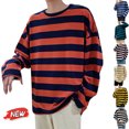 thumbnail image 1 of qafoshin Men's Striped Crewneck Long Sleeve T-Shirts Fall Casual Soft Loose Fit Casual Tops Fashion Basic Lounge Pullover Shirts, 1 of 3