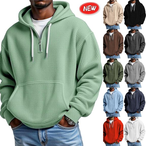 qafoshin Mens Casual Textured Hoodies Fall Half Zip Up Long Sleeve Drawstring Solid Color Pullover Tops with Pocket