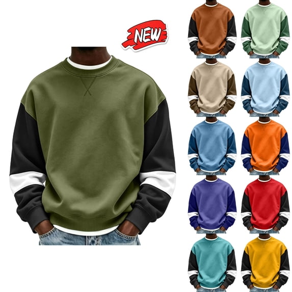 qafoshin Mens Color Block Crew Neck Long Sleeve Pullover Tops, Fashion Basic Regular Fit Casual Sweatshirts