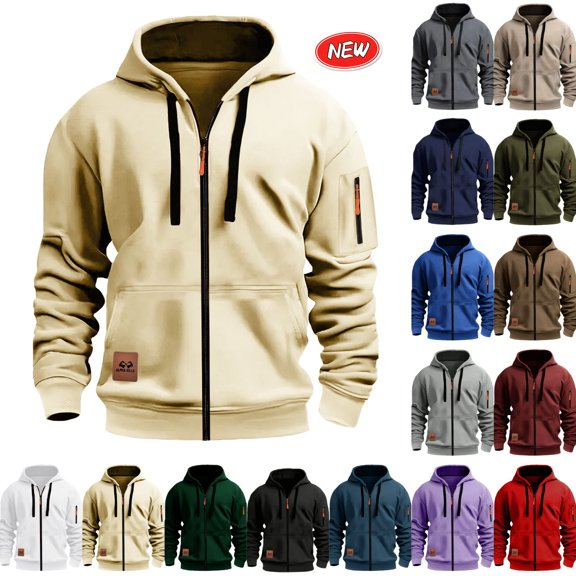 qafoshin Mens Full Zip Up Drawstring Hoodies Fall Solid Color Long Sleeve Casual Jackets Winter Warm Classic Outerwear with Pocket