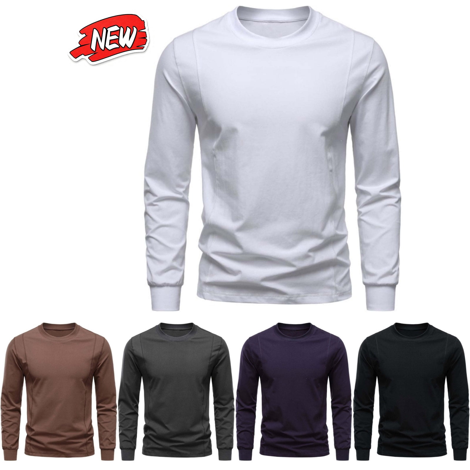 qafoshin Mens Round Neck Long Sleeve Pullover Shirt, Fall Trendy Solid ...