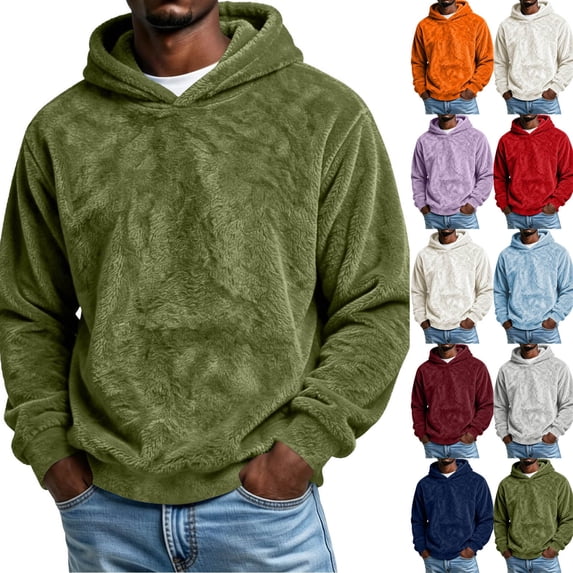 qafoshin Mens Warm Fuzzy Hoodies Fall Winter Casual Fleece Hooded Sweatshirt Fashion Solid Color Pullover Tops S-3XL