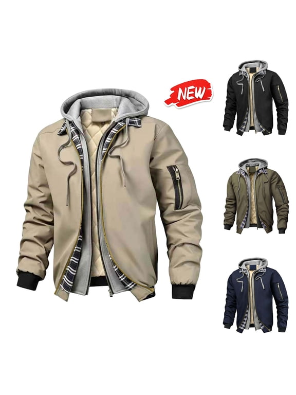Mens Winter Hooded Jackets for Men Fashion Warm Patchwork Zip Up Cargo Coats Casual Quilted Lined Solid Color Jackets with Pockets