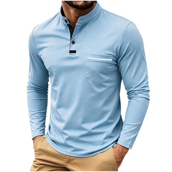 qafoshin Pullover Workout Tops for Men Breathable Stand-up Button Long Sleeve Fall Shirts