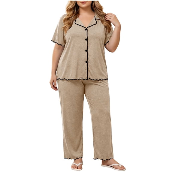 qafoshin Ruffle Pajama Set for Plus Size Women Short Sleeve V Neck Tops and Elastic Waist Long Pant Lightweight Soft Sleepwear
