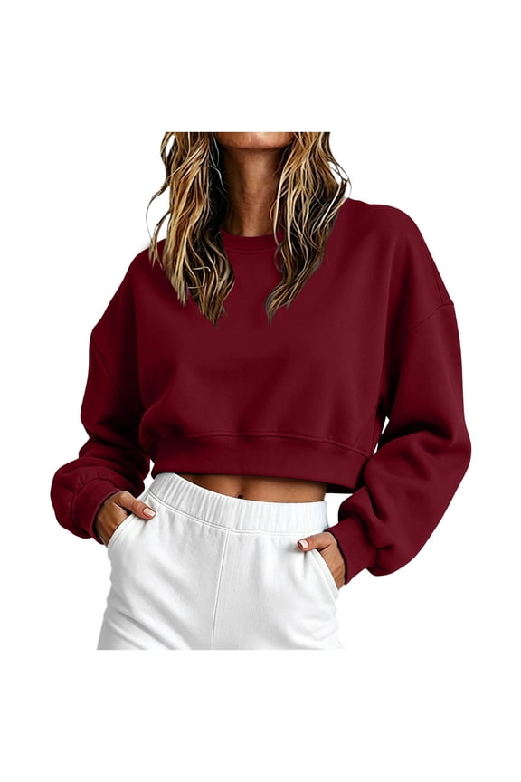 Womens Crop Tops Round Neck Long Sleeve Shirts Fashion Casual Loose Solid Color Blouses