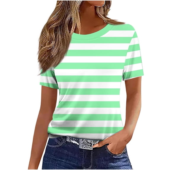 qafoshin Womens T-Shirts Basic Crew Neck Short Sleeve Summer Tops Striped Printed Pullover Tees