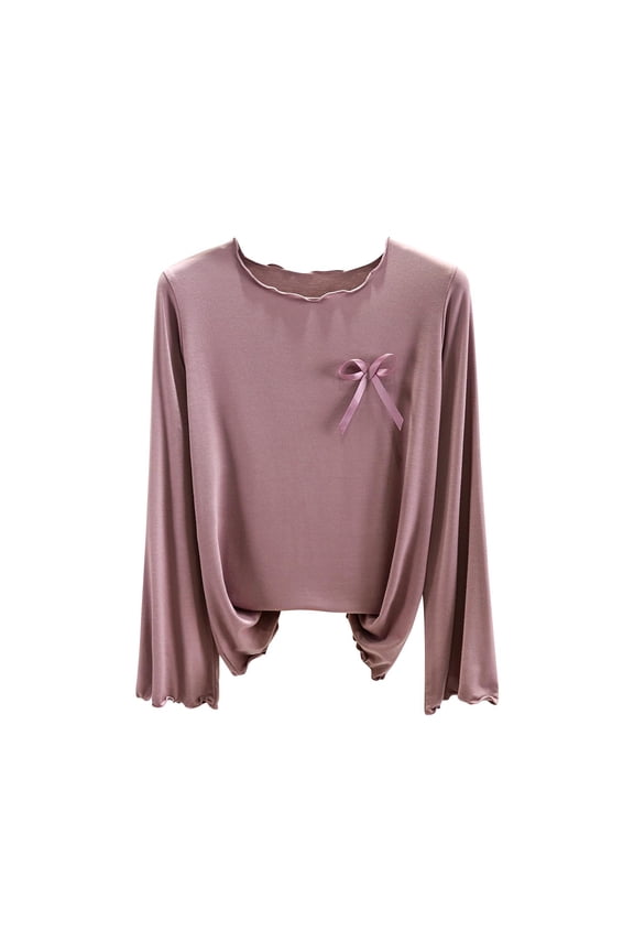 Womens Tops Round Neck Long Sleeve Undershirts Solid Color Ruffle Blouses