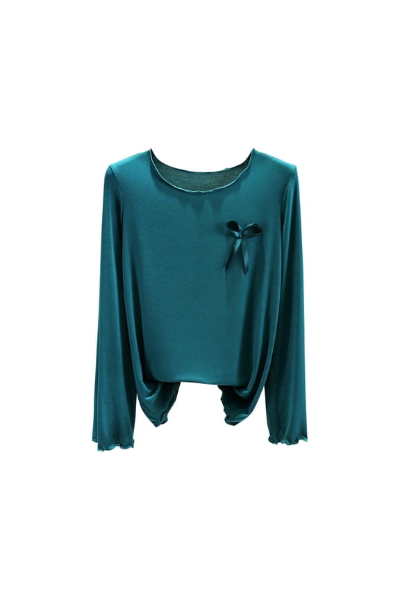 Womens Tops Round Neck Long Sleeve Undershirts Solid Color Ruffle Blouses