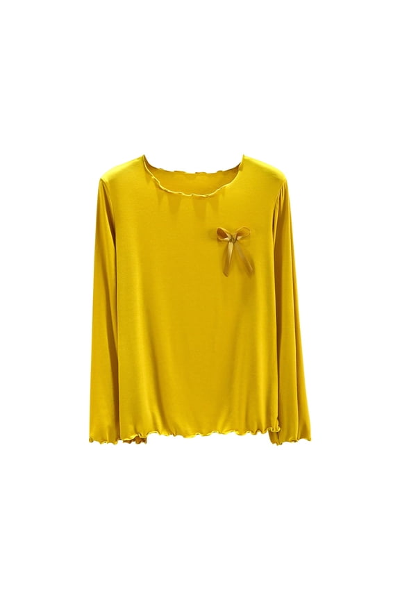Womens Tops Round Neck Long Sleeve Undershirts Solid Color Ruffle Blouses