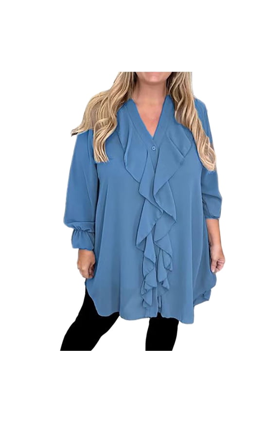 Womens V Neck Long Sleeve Chiffon Tops Solid Color Loose Ruffle Button Down Shirts Dressy Casual Blouses