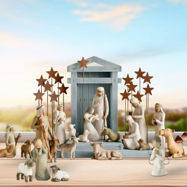 qazqa Willow Tree Nativity Starter Figures with The Three Wisemen Plus Metal Stars, 20-Piece Set