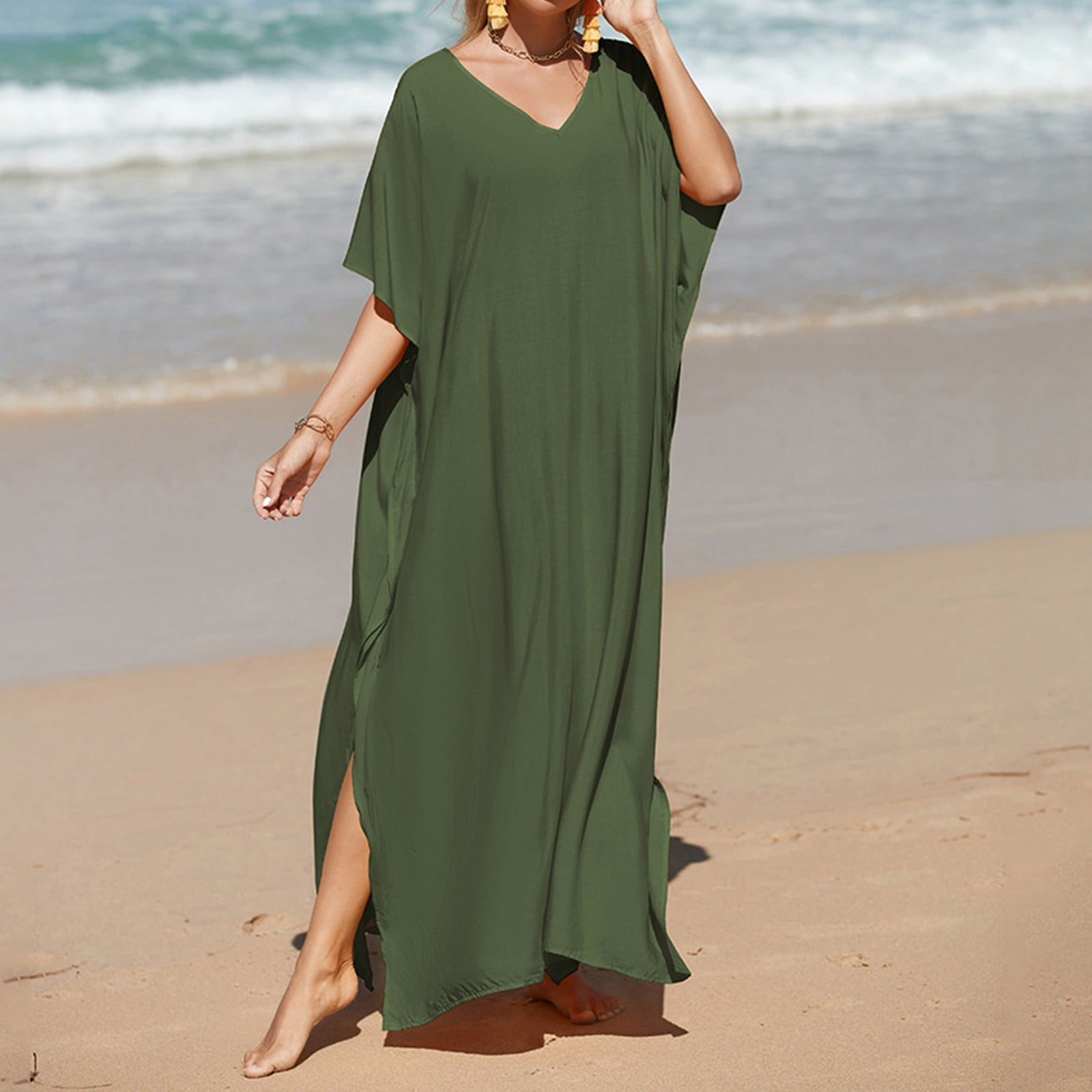 Capreze Women Long Dress Lace Up Summer Beach Sundress Side Slit Maxi  Dresses Kaftan Sleeveless Green L 