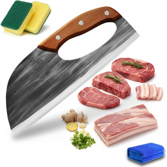 qazxc Multifunctional Stainless Steel Labor-Saving Kitchen Knife, Hand Forged Meat Cleaver with Ergonomic Finger Hole, Professional Chef Knife for Meat Cutting, Vegetable Slicing, Camping (1pc)