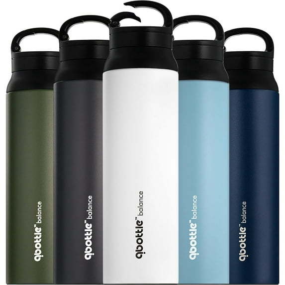 qbottle Insulated Water Bottles with Carabiner Lid – Stainless Steel Water Bottle – Leak Proof Metal Water Bottle – No Sweat – Wide Mouth – Ice White, 27 oz