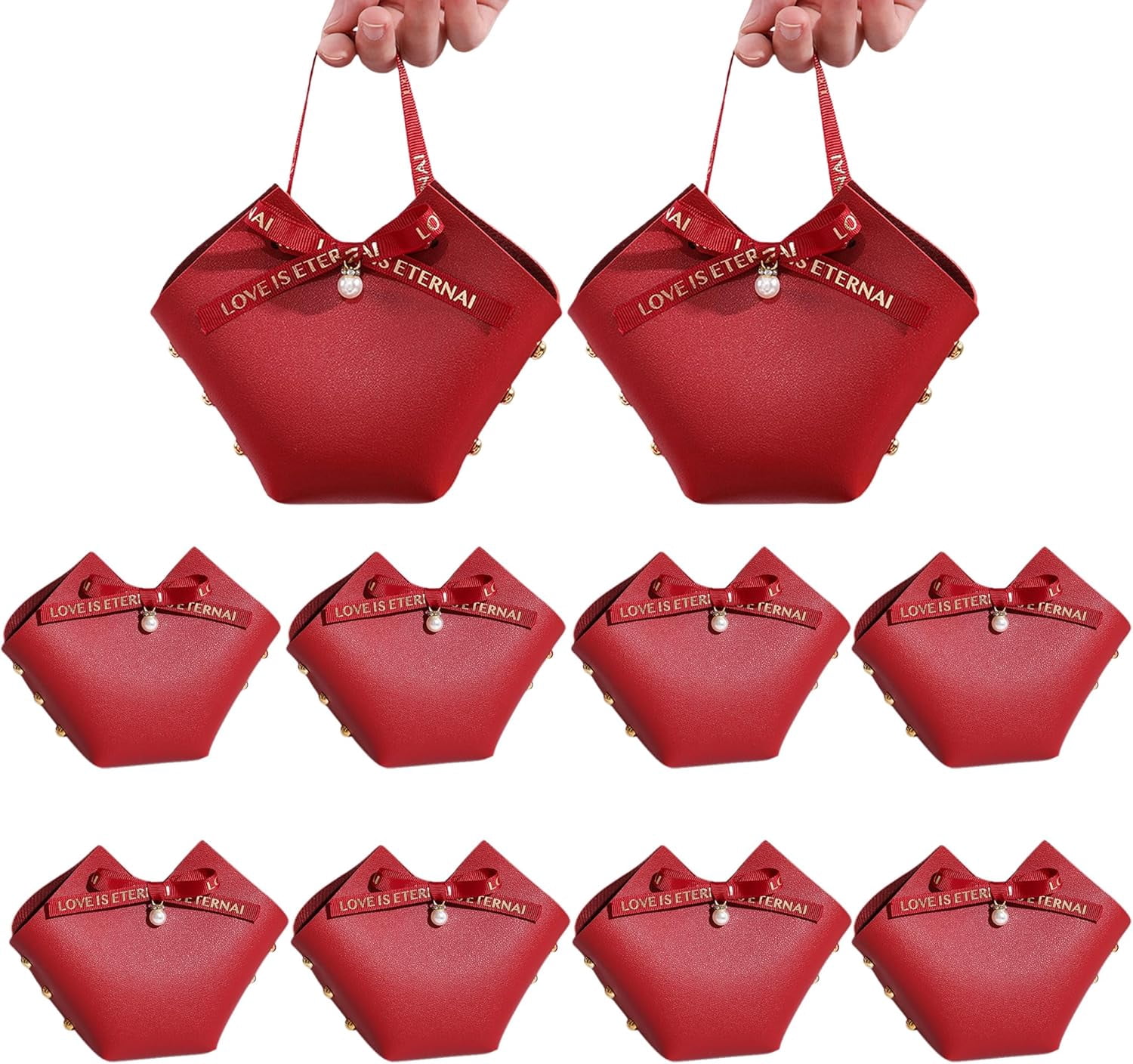 qczoyp 10 Pack Leather Bowknot Gift Boxes: Party Favor Bag Candy Gift Party Favor Boxes, Mini Gift Bags with Handles, Reusable Gift Bag for Baby Showers Wedding Christmas Party Valentines's Day (Red)