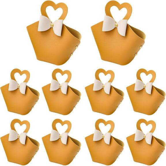 qczoyp 10 Pack Mini PU Leather Bowknot Gift Bags: Reusable Mini Handbag Gift Boxes with Heart-shape Handle, Party Favor Bags for Weddings, Baby Showers, Christmas, Halloween Party Decor (Yellow)