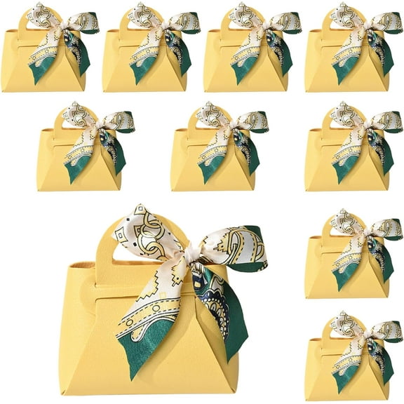 qczoyp Leather Gift Bags with Handles: 10 Pack Party Favor Bags with Ribbon, Reusable Mini Gift Bags for Birthdays, Baby Shower,Weddings,Christmas, Halloween, Holiday Presents (YELLOW)