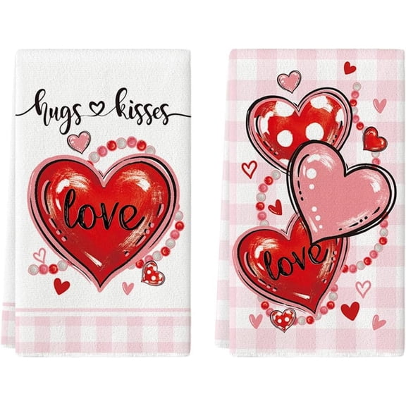 qefuia Pink Red Polka Dot Heart Love Valentine''s Kitchen Towels Dish Towels, 18x26 Inch Farmhouse Wedding Decoration Hand Towels Set of 2
