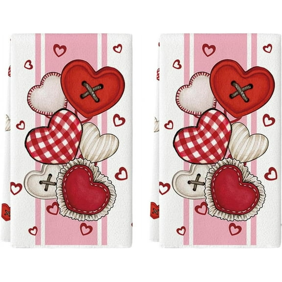 qefuia Pink Stripe Heart-Shaped Buttons Valentine''s Kitchen Towels Dish Towels, 18x26 Inch Farmhouse Wedding Decoration Hand Towels Set of 2