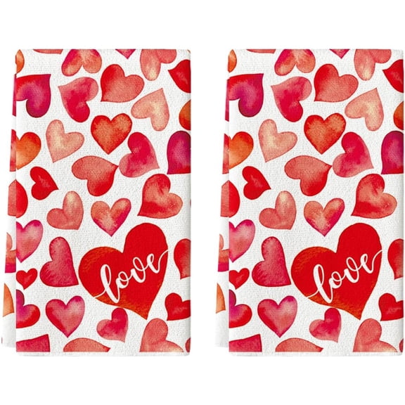 qefuia Red Heart Love Valentine''s Kitchen Towels Dish Towels, 18x26 Inch Anniversary Farmhouse Decoration Hand Towels Set of 2