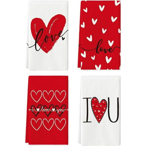 qefuia Red Hearts Love You Valentine''s Kitchen Towels Dish Towels, 18x26 Inch Anniversary Wedding Decoration Hand Towels Set of 4