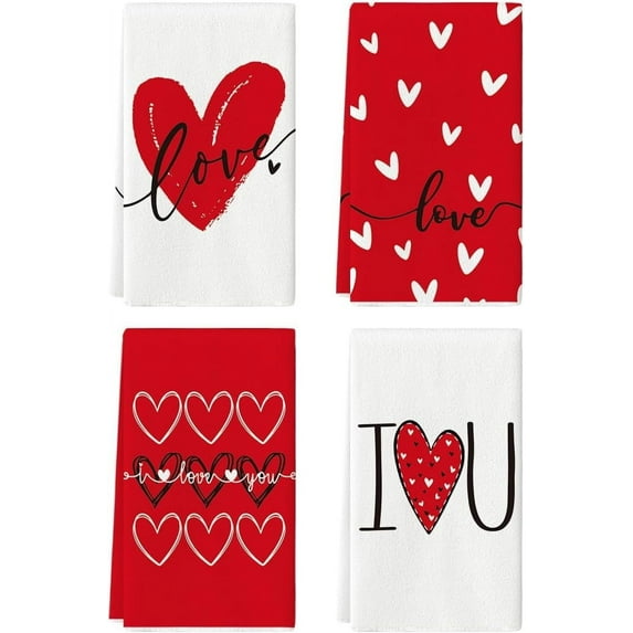 qefuia Red Hearts Love You Valentine''s Kitchen Towels Dish Towels, 18x26 Inch Anniversary Wedding Decoration Hand Towels Set of 4