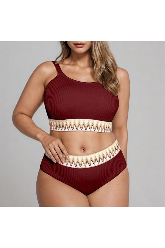 2 Piece Bikini Set for Women Plus Size Crew Neck Swimsuits Solid Color Swimwear Summmer Beach Vocation