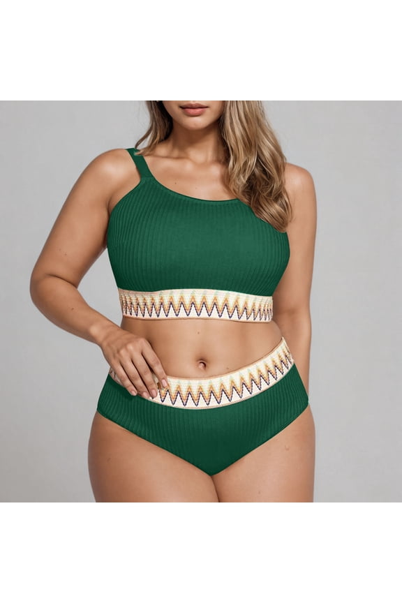 2 Piece Bikini Set for Women Plus Size Crew Neck Swimsuits Solid Color Swimwear Summmer Beach Vocation