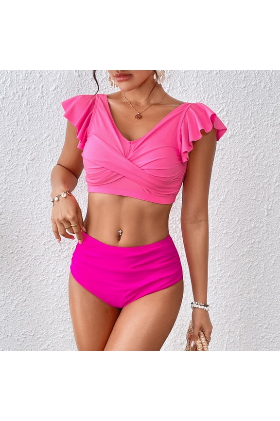 2 Piece Bikini Sets for Women Ruffle Sleeve Swimsuit High Waist Solid Color Swimwear Summmer Vocation