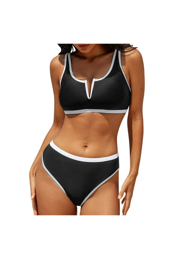 2 Piece Bikini Sets for Women V Neck Swimsuits Solid Color Swimwear for Beach and Swimming