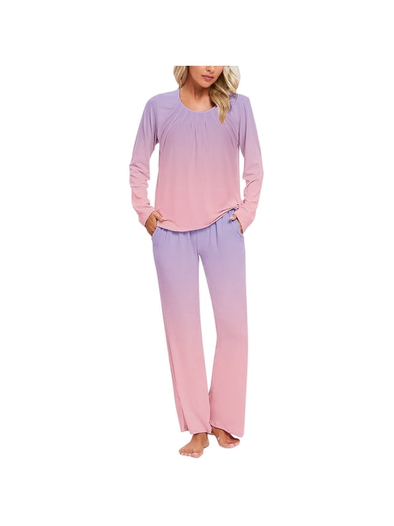 2 Piece Pajama Set Women Plus Size Sleepwear Crew Neck Long Sleeve Loungewear Pocket Ombre Print Homewear