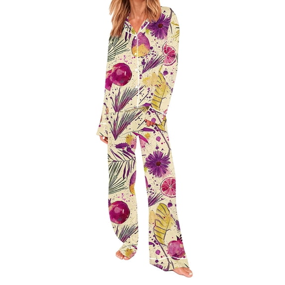 qelini 2 Piece Pajama Set for Women Sleepwear Collar Long Sleeve Loungewear with Long Pants Print Homewear