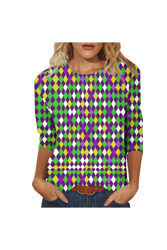 3/4 Length Sleeve T Shirt for Women Carnival Pullover Tops Bling Glitter Crewneck Tunic Trendy Holiday Blouses