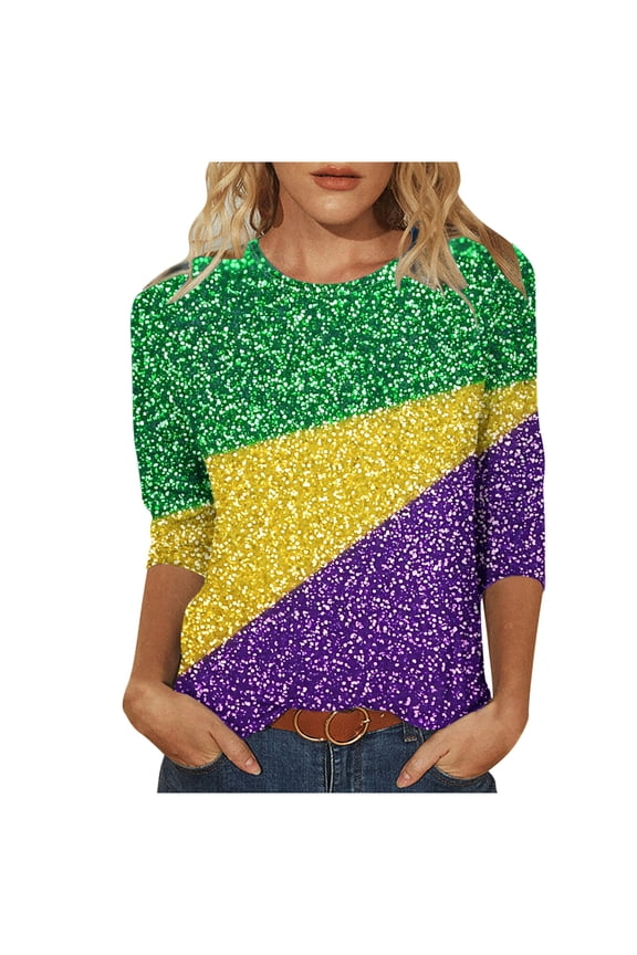 3/4 Length Sleeve Women's Shirts Carnival Pullover Tops Bling Glitter Crewneck Tunic Casual Holiday Blouses
